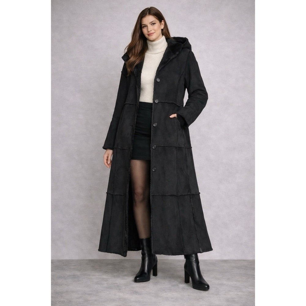 Vintage 90s Y2K Baby Phat Coat Womens Black Faux Suede Long Sherpa Lined Hooded